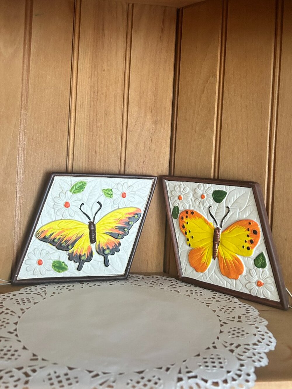 Vintage Hand Painted Ceramic Butterflies Wall Decor Orange Yellow Daisy Floral